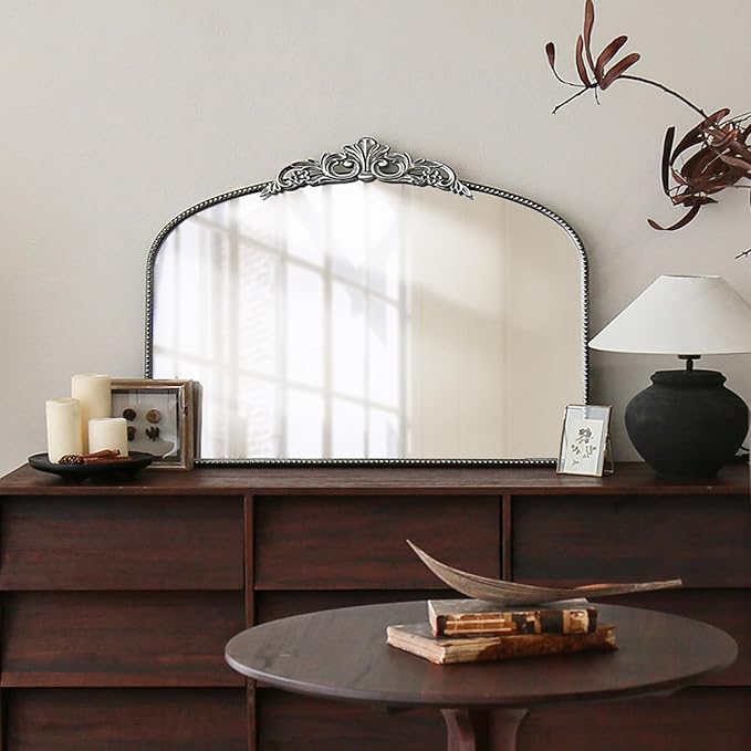 Micasso Vintage Silver Arched Mirror: 36"x29" Baroque Antique Wall Mirror | Traditional Ornate French Decorative Wall Mirror for Bedroom/Bathroom/Entryway/Hallway/Dresser/Vanity/Mantel/Nightstand