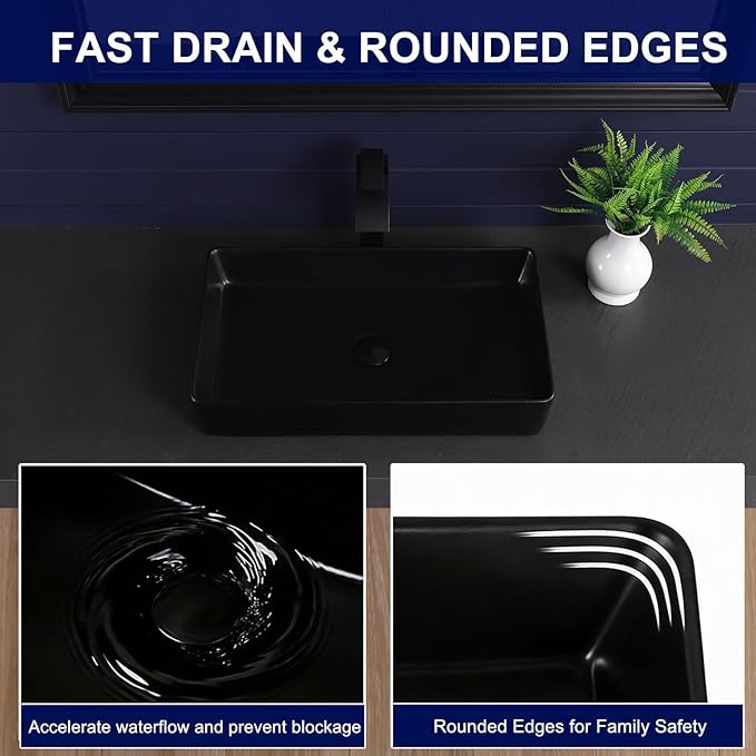 Vessel Sink 24"x14" Rectangular Bathroom Sink Modern Black Porcelain Ceramic Above Counter Drop-in Vanity Sink for Bathrooms Art Basin