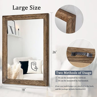 AAZZKANG Rustic Wood Mirror Rectangle Decorative Wall Mirrors with Frame Large 26"x18"for Bedroom Living Room Bathroom Entryway Hanging Brown | Decorative Bedroom Living Room Bathroom Entryway Hanging Brown 26"x18"