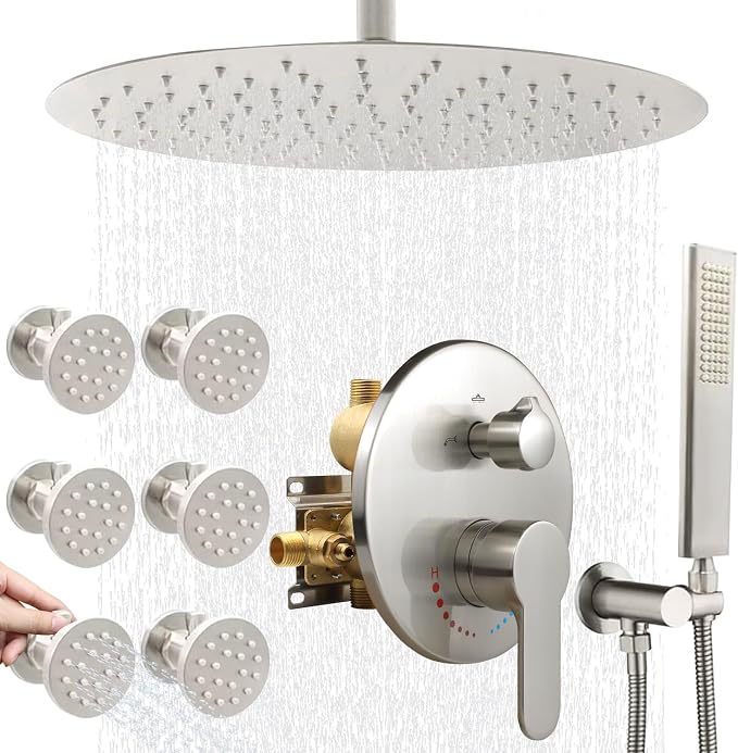 16inch Ceiling Mount Shower System High Pressure Shower Head System With Body Spray And Handheld Shower Combo Set For Bathroom (Brushed Nickel)