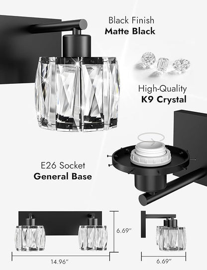 VOLISUN Crystal Vanity Lights for Bathrooms, 2 Light Bathroom Vanity Light, Modern Matte Black Bathroom Light Over Mirror, Black Bathrooms Lights Fixtures-UL Certificated(Exclude Bulb)
