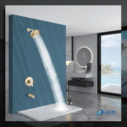 Aolemi Tub Shower Faucet Set With Valve Wall Mount Shower Trim Kit 6 Inch Bathtub Fixtures Rough-in Valve Single-Spray Shower Head System 5.3 Inch Tub Spout Brushed Gold Modern