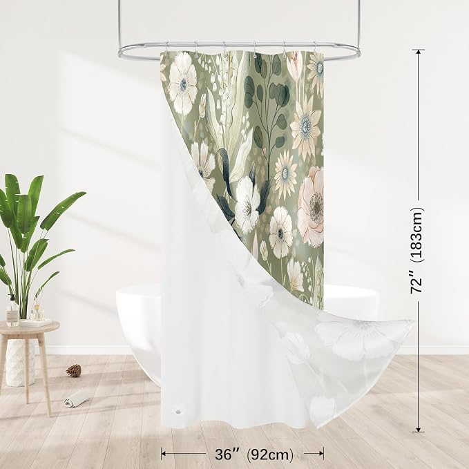 3 in 1 Green Floral Shower Curtain Set with PEVA Liner & 12 Hooks, 36 x 72 | Boho Tropical Botanical Style, Farmhouse Floral Fabric, Modern Hotel Inspired, Water‑Repellent, Machine Washable