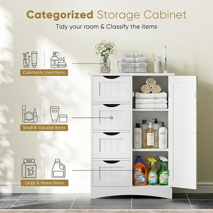 SUPER DEAL Bathroom Storage Cabinet with 4 Drawers and 1 Cupboard, Entryway Home Decor Furniture Towels Storage Organizer Unit, White