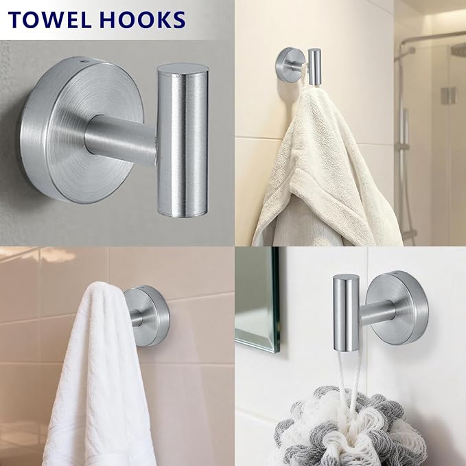 Bathroom Hardware Set Includes Towel Ring, Toilet Paper Holder and 2 Towel Hooks, SUS304 Stainless Steel Modern Wall-Mounted Bathroom Set, Rustproof Bathroom Fitting Set (Brushed Nickel)