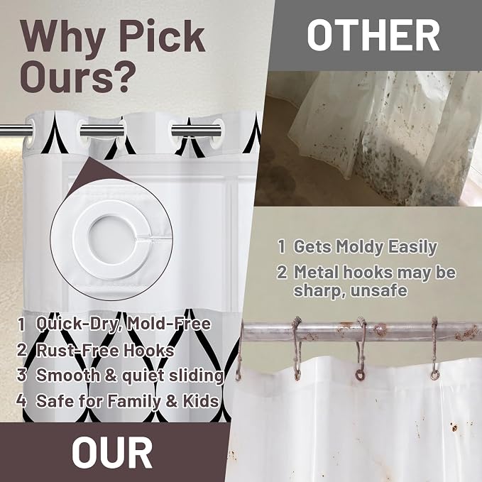 Gelbchu Black White No Hook Shower Curtain with Snap-in Liner, 71 x 74 Inch | Built-In Hooks, Mesh Top Window, Water-Repellent, Machine Washable, Quick Drying, Premium Polyester, Hotel Style, Modern