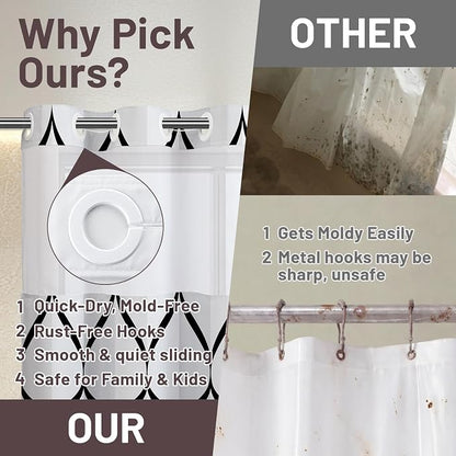 Gelbchu Black White No Hook Shower Curtain with Snap-in Liner, 71 x 74 Inch | Built-In Hooks, Mesh Top Window, Water-Repellent, Machine Washable, Quick Drying, Premium Polyester, Hotel Style, Modern