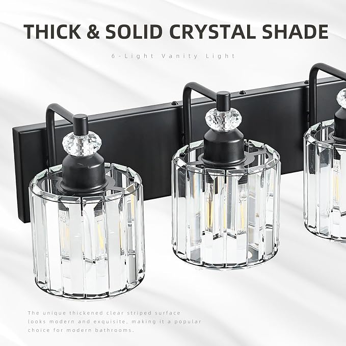 6-Light Black Bathroom Light Fixtures Over Mirror Modern Vanity Lights Crystal Wall Sconce Vintage Bathroom Lighting with Crystal Shade E26 Base for Bedroom, Living Room, Hallway