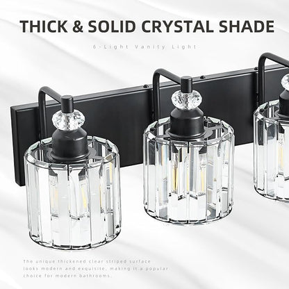 6-Light Black Bathroom Light Fixtures Over Mirror Modern Vanity Lights Crystal Wall Sconce Vintage Bathroom Lighting with Crystal Shade E26 Base for Bedroom, Living Room, Hallway