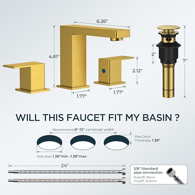 FORIOUS Brushed Gold Bathroom Faucet 3 Hole, 8 Inch Widespread Square Bathroom Sink Faucet with Metal Pop-Up Drain and cUPC Supply Lines Included for Restroom, Lavatory, Basin, Restroom and Mall