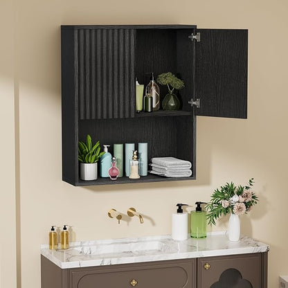 Fluted Bathroom Wall Cabinet Over the Toilet Storage,Wall Mounted Cabinet with Adjustable Shelf,Floating Cabinet Organizer Hanging Cabinet,Kitchen and Laundry Room Cabinets (Black, 1 PC)