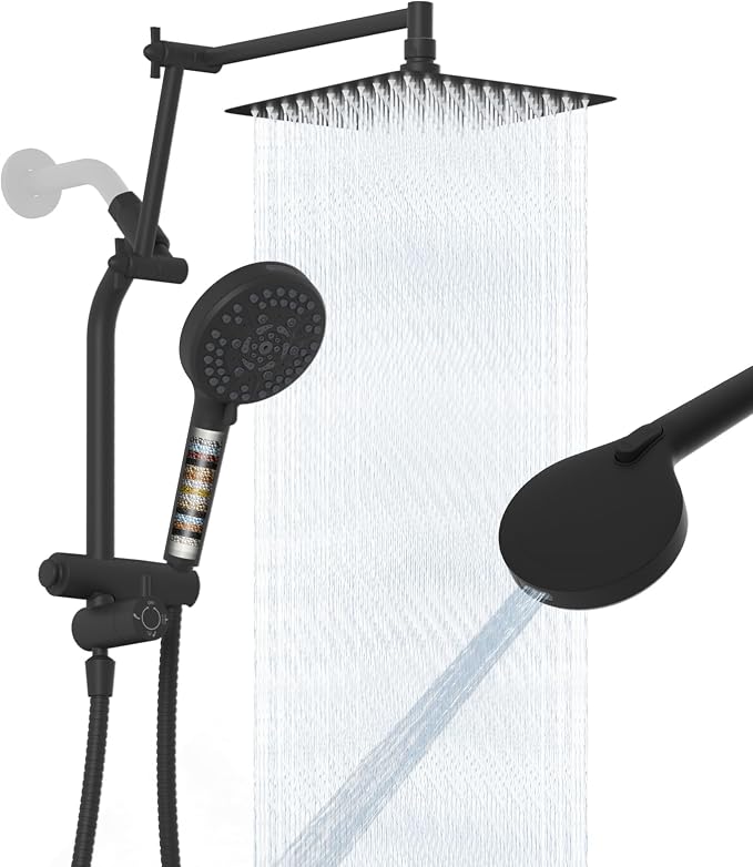 Metal 10" Rain Shower Head with Handheld, 10-Mode with Filter, Easy Reach | Black High-Pressure Rainfall Showerhead, Upgraded 4-Way Diverter Pause Mode, Adjustable 16" Extension Arm/71" Hose/Holder