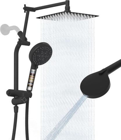 Metal 10" Rain Shower Head with Handheld, 10-Mode with Filter, Easy Reach | Black High-Pressure Rainfall Showerhead, Upgraded 4-Way Diverter Pause Mode, Adjustable 16" Extension Arm/71" Hose/Holder