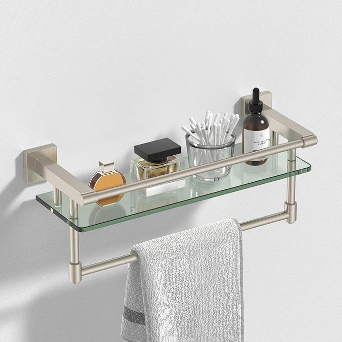 16-Inch Modern Glass Shelf with Towel Bar, 1-Shelf, Brushed Nickel Finish, Wall Mount, Bathroom Organizer