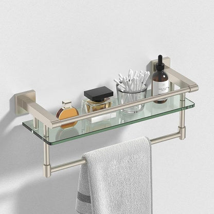 16-Inch Modern Glass Shelf with Towel Bar, 1-Shelf, Brushed Nickel Finish, Wall Mount, Bathroom Organizer