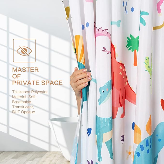 Shower Curtain Kids, Cartoon Dinosaur Shower Curtain Colorful Animals Plants for Boys Girls Polyester Fabric Waterproof Shower Curtain Sets Machine Washable Decor Bath Curtain