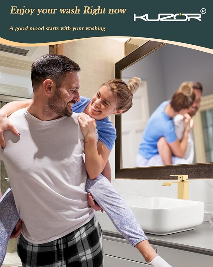 Brushed Gold Tall Waterfall Vessel Sink Faucet – Single Hole 304 Stainless Steel Bathroom Faucet with Metal Pop-Up Drain, High Arc Spout for Modern Vanities