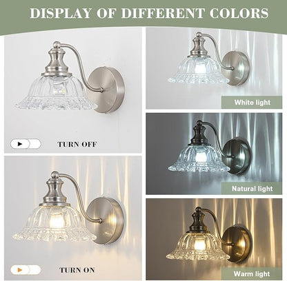 Vintage Wall Sconce Light, Brushed Nickel Bathroom Sconces Wall Lighting, Antique Wall Light Fixture with Clear Flower Glass Shades, Indoor Wall Sconces for Living Room Bedroom, 1-Light Wall Lamp