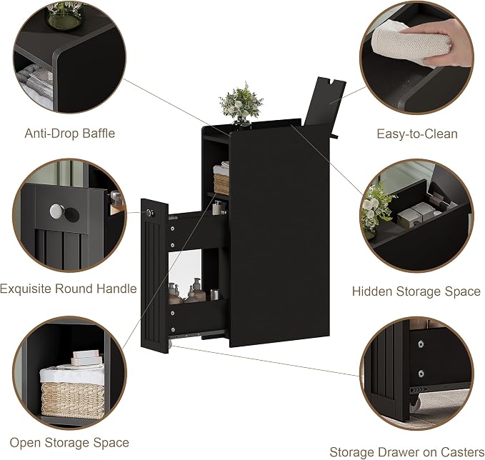 ChooChoo Slim Bathroom Storage Cabinet with Slide Out Drawers | Narrow Storage Organizer with Hidden Storage, Freestanding Toilet Paper Holder, Bathroom Cabinet for Small Places, Black