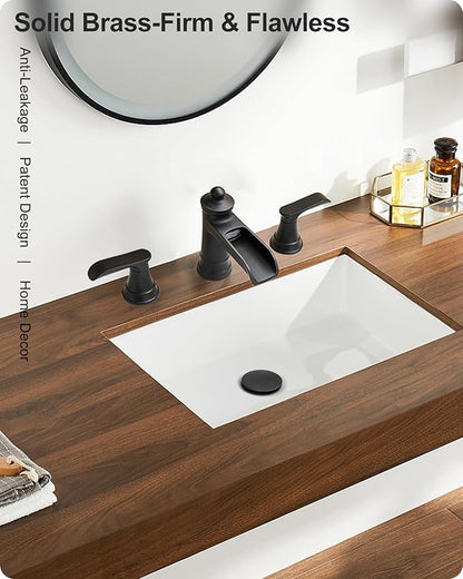4-16 Inch Widespread Black Bathroom Faucet 3 Hole, Brass Waterfall Bathroom Sink Faucet 2 Handles with Pop-up Drain & cUPC Water Hoses for Vanity, Farmhouse, Lavatory