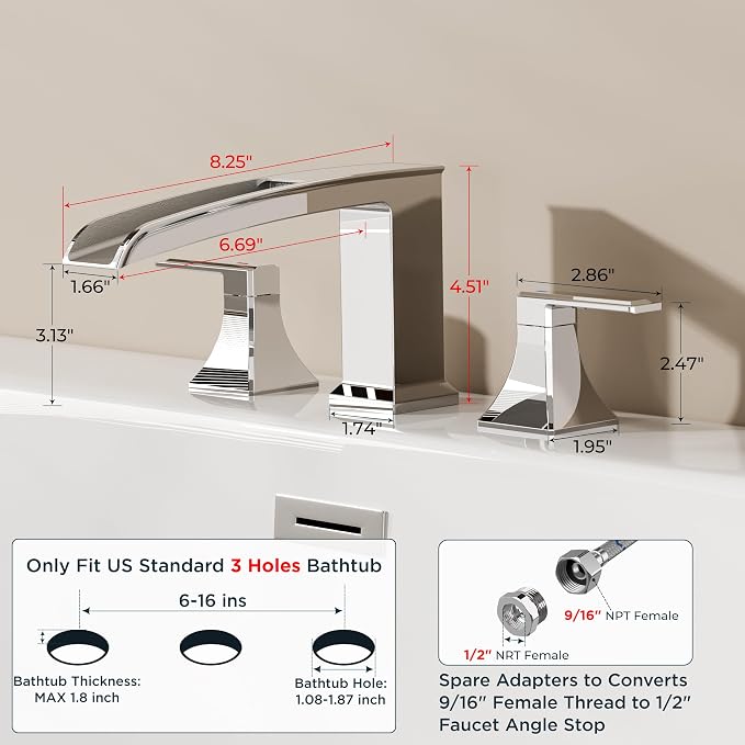FORIOUS Roman Bathtub Faucet 3 Hole Deck Mount with 2 Handle Chrome | Tub Faucet for 3-Hole Set, 6-12" Centered Distance, Widespread Garden Bath Tub, Waterfall Spout, High Flow, Brass
