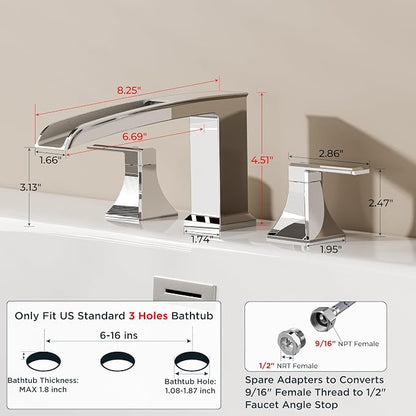 FORIOUS Roman Bathtub Faucet 3 Hole Deck Mount with 2 Handle Chrome | Tub Faucet for 3-Hole Set, 6-12" Centered Distance, Widespread Garden Bath Tub, Waterfall Spout, High Flow, Brass