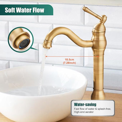 Heyalan Tall Vessel Sink Faucet, Single Handle 1-Hole,Antique Brass | SUS304 stainless steel, 360° swivel spout, includes pop-up drain & hoses, deck mount 1-hole, tall design for vessel sink