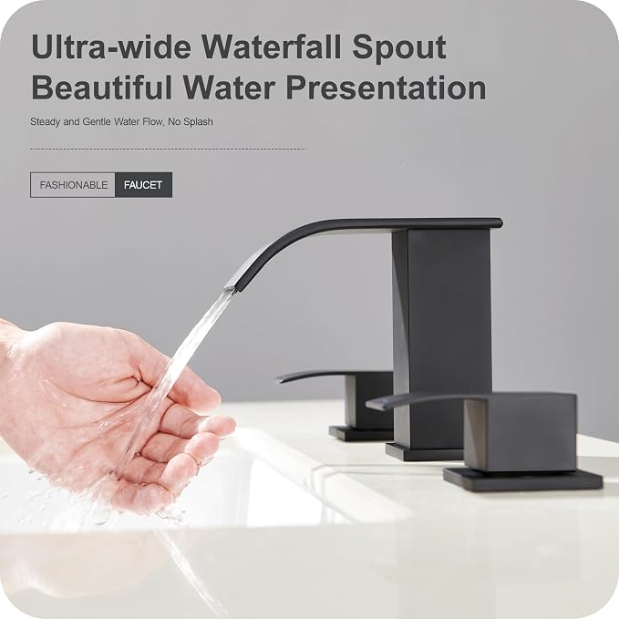8 Inch Waterfall Bathroom Faucets - 3 Hole Widespread Bathroom Faucet with Pop-up Drain, Bathroom Sink Faucet, Modern Vanity Sink faucets with Supply Lines, Matte Black, JJL-3JT-PB-B-DXS-X
