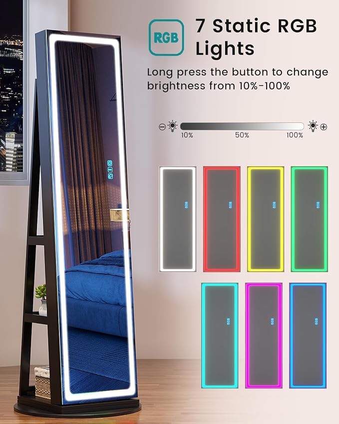 Vlskra Mirror Jewelry Cabinet Standing with Full Length LED Mirror, Black | Lockable Jewelry Armoire with 14 RGB Color Modes, Rotating Jewelry Organizer with Dustproof Lock, Gift Idea for Women, Girls
