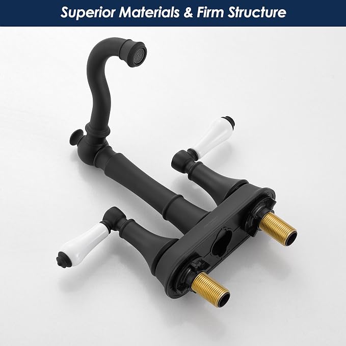 Porcelain 2-Handle Matte Black Bathroom Faucet 4 Inch Centerset | with Plastic Pop-up Drain, Classical Black Bath Lavatory Vanity Faucets for 2/3 Hole Sinks, High Arc 360° Swivel Brass Spout