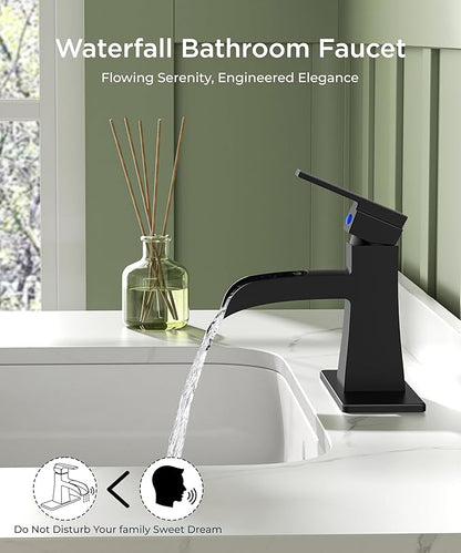 FORIOUS Matte Black Bathroom Faucet Waterfall, Bathroom Faucets for 1 or 3 Holes Sink with Single Handle for Commercial, Vanity, Lavatory, Restroom, Farmhouse