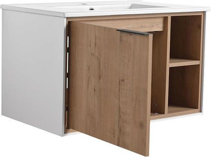 SSLine 30" Wall-Mount Bathroom Vanity Modern Floating Bathroom Vanity Set with Ceramic Sink Basin 24-Inch Oak Brown Small Bathroom Vanities with Storage Cabinet and Open Shelf