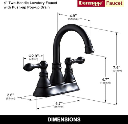 Two Handle Bathroom Sink Faucet - Matte Black 3 Hole with Overflow Pop up Drain, 360 Swivel Spout, Centerset Lavatory Faucet, F-4501-MT