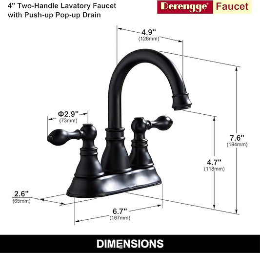 Two Handle Bathroom Sink Faucet - Matte Black 3 Hole with Overflow Pop up Drain, 360 Swivel Spout, Centerset Lavatory Faucet, F-4501-MT