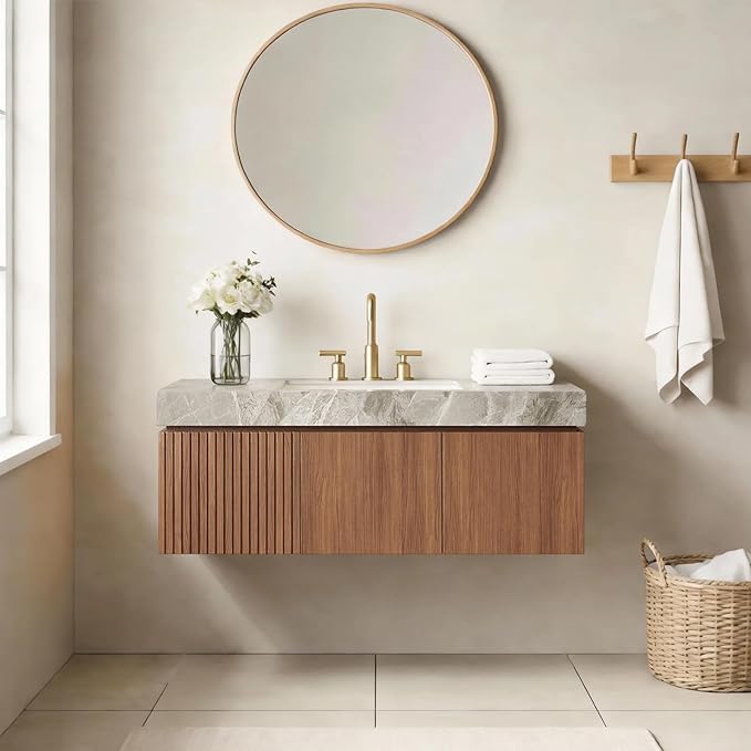 48 inch Floating Bathroom Vanity with Sink, Modern Plywood Bathroom Vanities with Drawer and Doors, Light Gray Sintered Stone and 3 Pre-drilled Faucet Holes Ceramic Basin, Pre-Assembled, Dark Oak