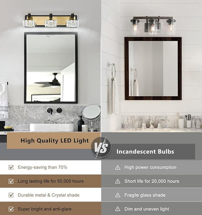 3-Light Bathroom Light Fixtures Over Mirror, Dimmable LED Bathroom Vanity Light with Crystal Shade, Black and Gold Modern Wall Sconce Light, Bathroom Lighting Fixtures Over Mirror, Bath Lamp