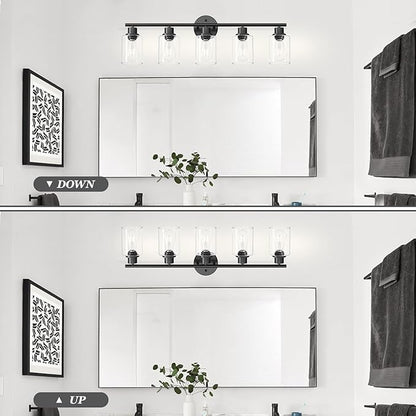 5-Light Black Bathroom Vanity Lights, E26 Modern Bathroom Light Fixtures with Clear Glass Shade, Mirror Kitchen Hallway Cabinet Living Room Sconces Wall Lights