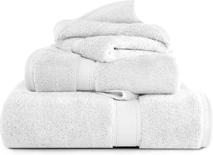 SUPERIOR Egyptian Cotton Ultra Plush & Absorbent, 3 Piece Set, White | Quick Dry, Soft Luxury Towel Set, Bath Essentials, Guest Bath, Spa, 1 Bath, 1 Hand, 1 Face Towels, Madeline Towels