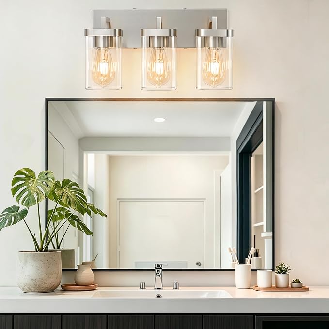 3-Light Bathroom Lighting Fixtures over Mirror, Brushed Nickel Vanity Lights with Square Transparent Glass Shade. Modern Bathroom Vanity Light for Mirror Kitchen, Living Room, Gallery, Hallway
