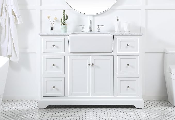 48" Pre-Assembled Bathroom Vanity with Sink, Solid Birch and MDF, Carrara White Marble Countertop Attached, Single Rectangle Porcelain Sink, 6 Soft-Close Drawers, White