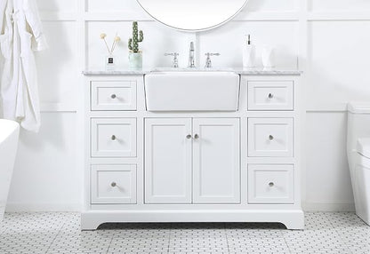 48" Pre-Assembled Bathroom Vanity with Sink, Solid Birch and MDF, Carrara White Marble Countertop Attached, Single Rectangle Porcelain Sink, 6 Soft-Close Drawers, White