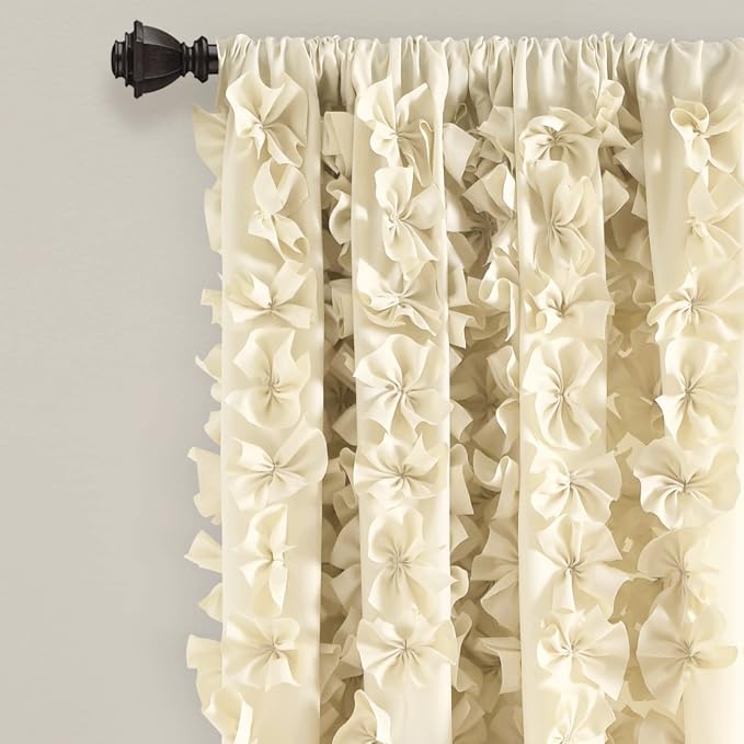 Lush Decor Riley Light Filtering Window Curtain Panel, Single 54" W x 84" L, Buttercream - Cute Yellow Curtains for Bedroom - Bow Decor - Coquette Curtains for Windows