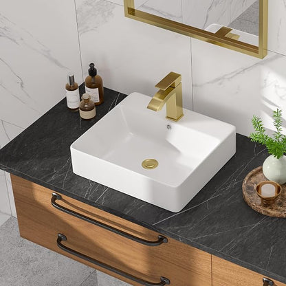 White Rectangle Vessel Sink, 18"W x16"D Bathroom Sink Above Counter Modern Porcelain Ceramic Vessel Sink, Vanity Art Basin for Bathrooms
