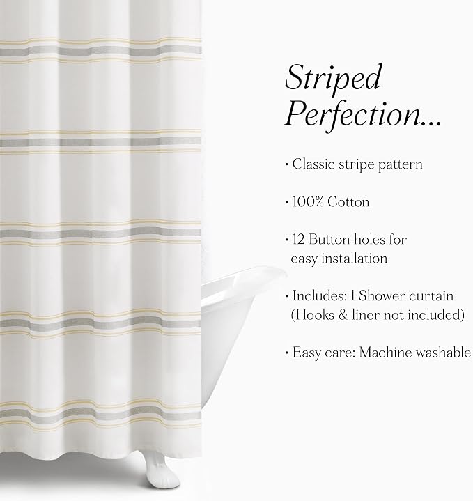Lush Decor Farmhouse Stripe Cotton Shower Curtain, 72" W x 72" L, Yellow & Gray - Striped Bathroom Curtain - Fabric Shower Curtains - Farmhouse Bathroom Decor