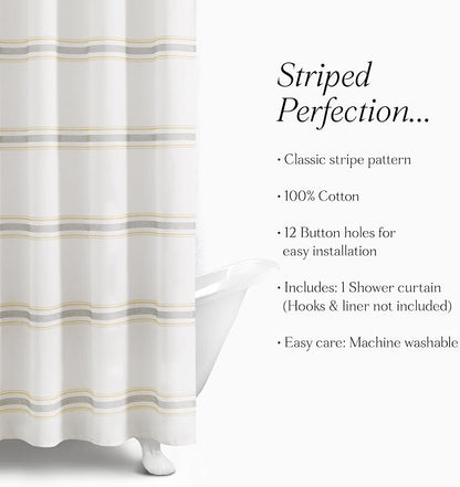 Lush Decor Farmhouse Stripe Cotton Shower Curtain, 72" W x 72" L, Yellow & Gray - Striped Bathroom Curtain - Fabric Shower Curtains - Farmhouse Bathroom Decor