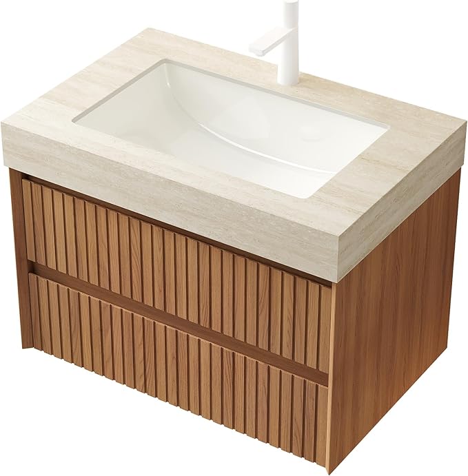 30'' Floating Bathroom Vanity with Sink, Wall Mounted Modern Cabinet W/Travertine-Pattern Sintered Top, Plywood & Solid Wood, Pre-Assembled with Undermount Ceramic Basin, Espresso Woodgrain