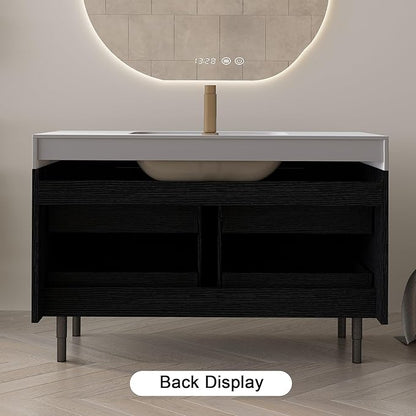35.4" Freestanding Black Bathroom Vanity with Sintered Stone Countertop and Ceramic Basin Sink, Modern Bathroom Cabinet with 4 Soft Closing Drawers, Hidden Handle, Powder-Coated Metal Legs