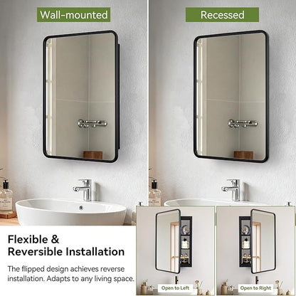 16 x 24 Black Bathroom Medicine Cabinet with Mirror Metal Frame Recessed Or Wall Mounted Single Door Storage Medicine Cabinets with Adjustable Shelves Rounded Corner Beveled Mirrors