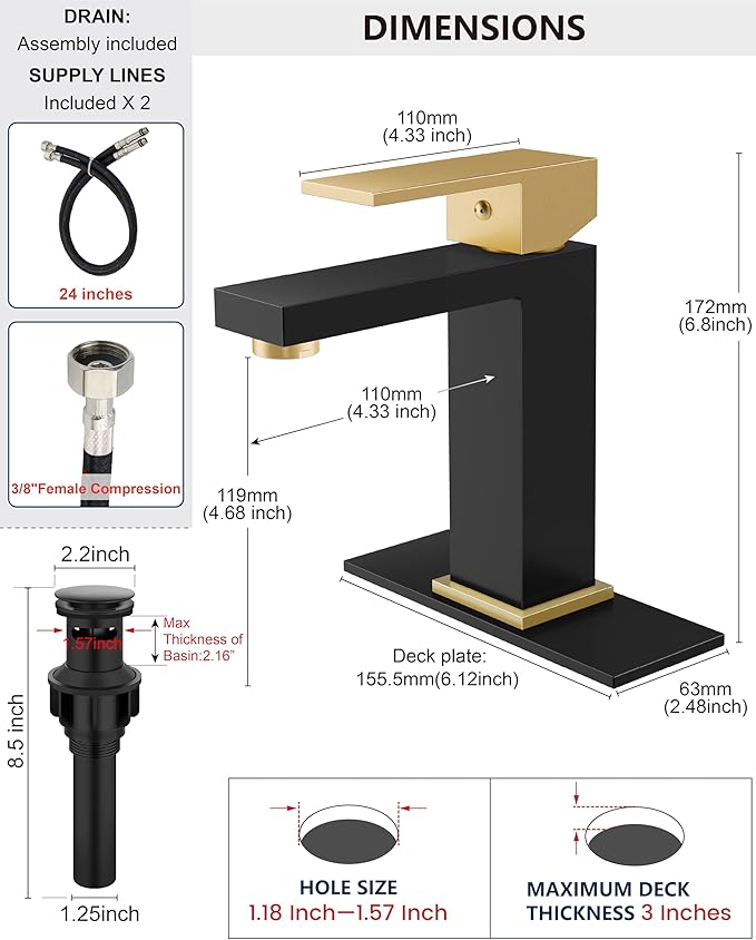 Midanya Bathroom Faucets 1 Hole, Single Handle Stainless Steel Bathroom Sink Faucet, Modern Vanity Faucets with Deck Plate,Water Supply Hoses and Pop Up Drain,Matte Black and Brushed Gold Handle