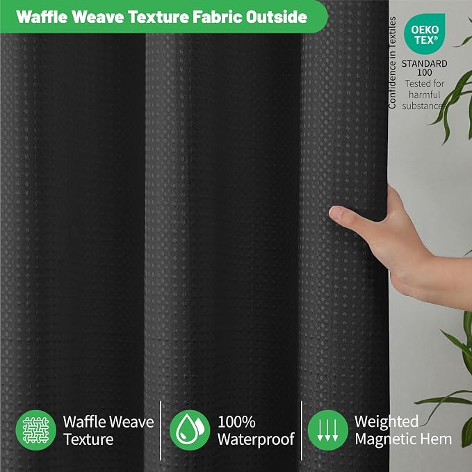 No Hook Waffle Shower Curtain, No Liner Needed Separate, 71x77 Inch, Black | 100% waterproof TPU-laminated backing, magnetic weighted hem, machine washable, shower curtain set for bathroom or hotel use